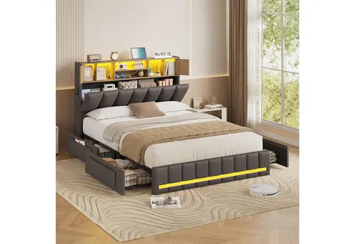 KIMENICH Polsterbett mit LED-Beleuchtung und 4 Schubladen, 140x190 cm, Grau - Modernes Polsterbett in Grau mit praktischen 4 Schubladen und integrierter LED-Beleuchtung. Ideal für eine stilvolle und funktionale Schlafumgebung.