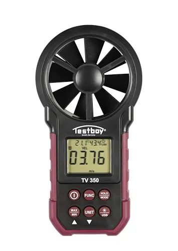 Testboy TV 350 digitales Anemometer - Geschwindigkeitsanemometer mit beleuchtetem LC-Display, misst auch Feuchtigkeit und Temperatur, ideal für Heizungs-, Lüftungs- und Klimaanlagenbau.