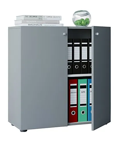 VCM Aktenschrank Lona L 912685, grau, 70 x 74 x 40 cm - Aktenschrank mit Flügeltüren und 2 Ordnerhöhen, höhenverstellbarer Fachboden und stabiler MDF-Platte in Holzstruktur-Optik, ideal für Büroorganisation.