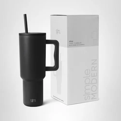 Simple Modern Thermobecher mit Strohhalm und Griff | Isolierter Edelstahl-Trinkbecher Eiskaffee-Reisebecher | Geschenke für Frauen und Männer | Trek | 1180ml | Midnight Black