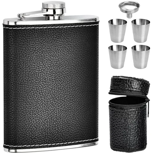 ALFFREUDE Edelstahl Flachmann 8oz/227ml Flachmann Set Flachmann Leder Flachmann Klein mit Trichter für Spirituosen Whiskey Rum für Camping Klettern Picknick