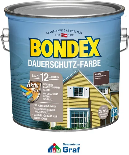 BONDEX Dauerschutz Farbe Außen Holzfarbe, Kakao-Schokoladenbraun, 2,50 l - Farben: Hochdeckende Holzfarbe für außen, bietet bis zu 12 Jahre Wetterschutz und schützt vor Witterungseinflüssen. Ideal für Zäune und Gartenmöbel, atmungsaktiv und umweltschonend.