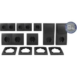 McPower Flair ''Niveau Profi'' 23-teiliges Schalter und Steckdosen Set, anthrazit - Wandsteckdosen-Set mit 2 Wechselschaltern, 10 Steckdosen und 11 Rahmen für eine moderne und elegante Installation in jedem Raum.