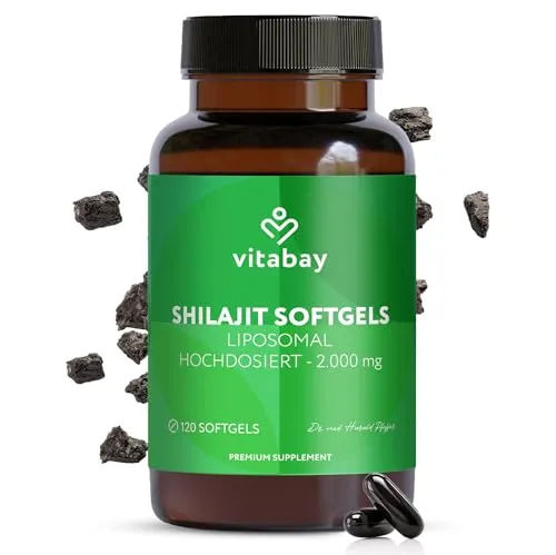 Vitabay Shilajit Kapseln - 120 Stück - Hochdosiert mit 2.000 mg liposomalem Shilajit - 80% Fulvinsäure & 12% Huminsäure - Vegan & ohne Zusatzstoffe - Laborgeprüft in Deutschland