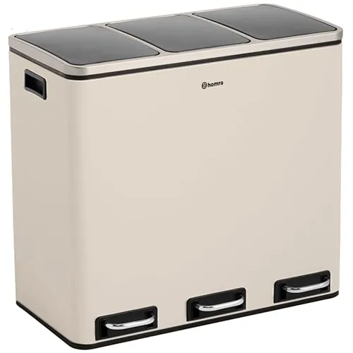 Homra Mülleimer Küche 3 Fächer Sparq 54l | Mülltrennsystem 3Fach | Edelstahl Treteimer 3x18 Liter | Trennsystem 3 Inneneimern | Abfall & Recycling | Abfalleimer Tretmülleimer Softclose | Cremeweiß