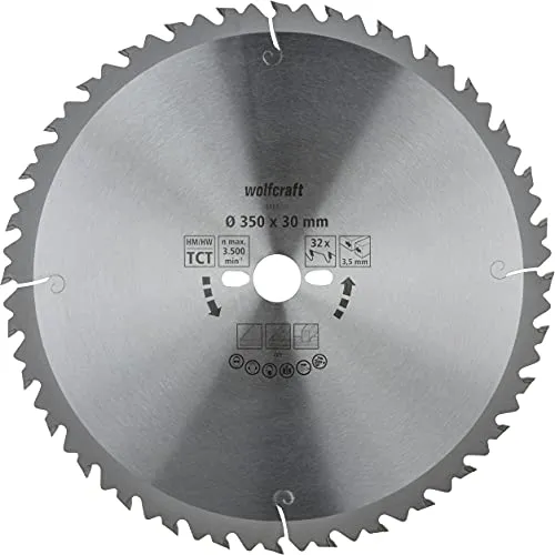 Wolfcraft 6666000 Hartmetall Kreissägeblatt 350mm - Tischkreissägeblatt mit 32 Zähnen, ideal für präzise Schnitte in Holz und Holzwerkstoffen, langlebig und robust für professionelle Anwendungen.