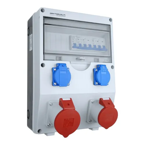 Stromverteiler ECO-S 1x16A 1x32A 2x230V Doktorvolt - Steckdosen & Zubehör, kompakter Baustromverteiler mit 2x230V und 1x400V Anschlüssen, ideal für Baustellen und Werkstätten, Schutzklasse IP44, TÜV SÜD zertifiziert für hohe Sicherheit und Qualität.