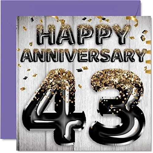 Tolle Karte zum 43. Jahrestag für Ehemann Freund Ehefrau Freundin Freundin Schwarz-Gold-Glitzer-Luftballons – Happy 43 Jahrestagskarten aus der Familie 145 mm x 145 mm Grußkarten für vierzig Jubiläen