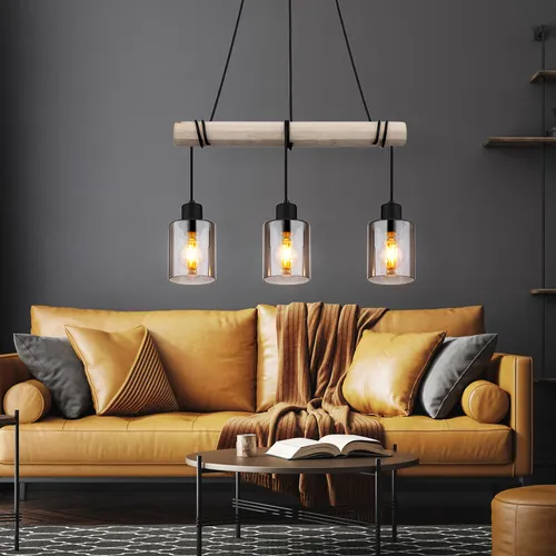 Hängeleuchte Holzpendellampe für Esszimmer, 3x E27 - Moderne Pendelleuchte mit höhenverstellbaren rauchglas Lampenschirmen und individuellem Design. Ideal für Esstische, um eine gemütliche Atmosphäre zu schaffen.