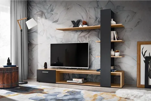 Lomadox Wohnwand EIBAR-164 in Wotan Eiche und Schwarz, 190 cm - Moderne TV-Wohnwand in Wotan Eiche und Schwarz, 190 cm breit. Offene Fächer und praktische Staufächer bieten Platz für Technik und Deko. Stilvolles Design für dein Wohnzimmer!
