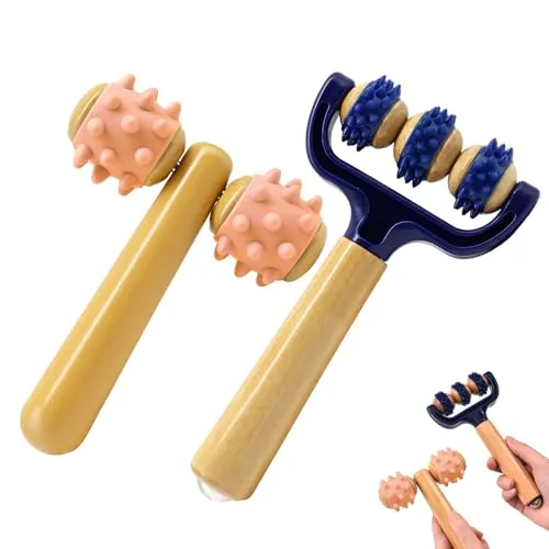 KUIRUNRX® Massageroller mit Griff, 2 Stück Faszienrolle, Massageroller Holz mit Igelball Massageball, für Beine RüCken Arme Schultern Muskelschmerzen