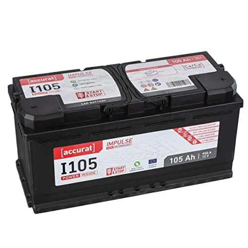 Accurat Impuls I105 AGM Autobatterie - 12V, 105Ah, 950A, zyklenfest, wartungsfrei, 30% mehr Startleistung, Ca-Technologie - Starterbatterie, Blei-Säure Batterie, Akku für Start-Stop & Hybrid Fahrzeuge