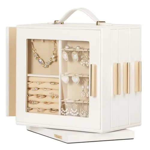 Seelux Schmuckkästchen 360° drehbar - Eleganter Schmuck Organizer mit Spiegel - Schmuckkästen: 360° drehbares Design mit transparentem Fenster und 15 Schubladen für optimale Übersicht und Aufbewahrung.