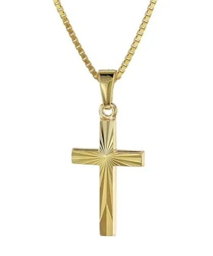 trendor Kreuz für Kinder Gold 333/8 Karat mit goldplattierter Kette - Ketten für Mädchen, edler Kreuz-Anhänger aus 333 Gold, inklusive goldplattierter Kette, perfektes Geschenk zur Taufe, Kommunion oder Geburtstag in schöner Schmuck-Box.