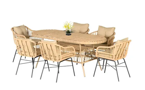 Set 7tlg. Gartenmöbel Esstisch und Stühle für Terrasse und Balkon - Hochwertige Essgruppe aus Rattan, ideal für den Außenbereich. Ovaler Tisch für bis zu 6 Personen, modernes Design in Beige. Perfekt für gesellige Abende im Freien.