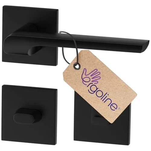 ERGO line Modern Design, Schwarz Türbeschlag ZOE, Türgriff für Badtüren WC Schwarz Matt, Eckig Drückergarnitur, Die ultra-feine Silhouette, Türbeschlag, Türklinke Schwarz, Türdrücker