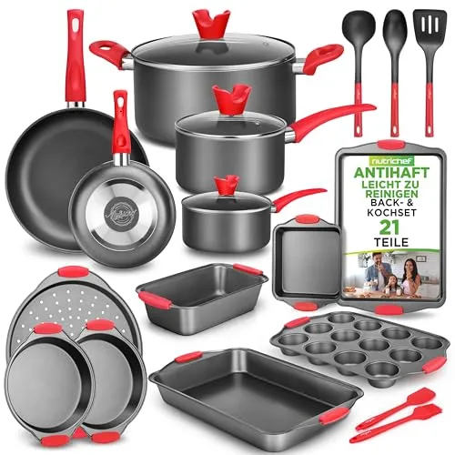 NutriChef 21-Teiliges Backform Set & Kochtopf Set - Umfangreiches Koch- und Backset mit 3 Töpfen, 2 Pfannen und verschiedenen Backformen – ideal für kreative Küche und einfach zu reinigen dank der Antihaftbeschichtung.