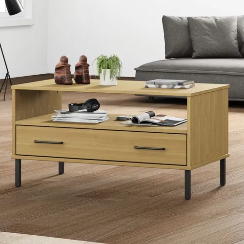 Couchtisch OSLO mit Metallbeinen – Massivholz in Braun, 85x50x45 cm