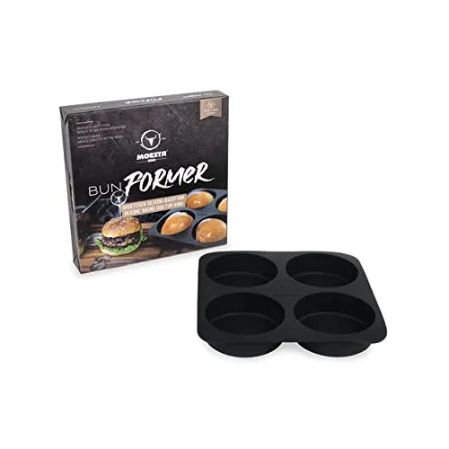 BurgerPresse No.1 - 4-fach Silikon Hamburgerpresse schwarz - Geschirr für BBQ-Liebhaber, ideal zum gleichmäßigen Formen von 4 Patties mit perfektem Durchmesser und Höhe für den perfekten Burger.