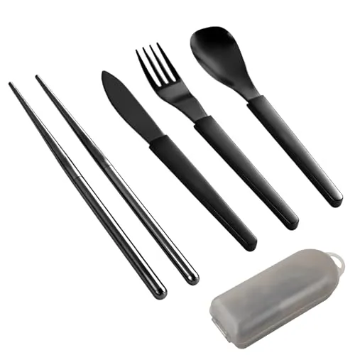 Aurafly 4 Stück Camping Besteckset Edelstahl Reisebesteck Campinggeschirr mit Verstärktes Gehäuse mit Schnallen-Design Campingbesteck für Outdoor, Reise, Arbeit, Schule, Schwarz