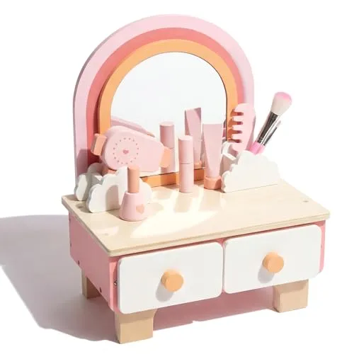 Rosa Schminktisch aus Holz mit Schubladen und 360° Spiegel, 11 PCS Beauty und Make-up Zubehör für Mädchen Geschenk 3+ (Modern, 30 x 41cm)