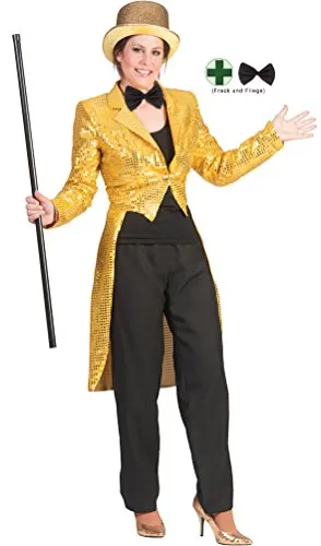 Eleganter Damenfrack mit Pailletten und Fliege - Kostüm für Erwachsene: Glamouröser Damenfrack in Gold, ideal für Karneval und Silvester, mit schickem Pailletten-Design und passender schwarzer Fliege.