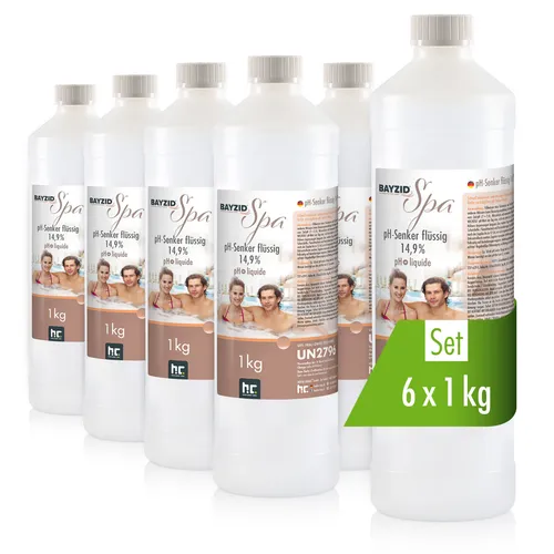 SPA pH Minus flüssig 1 kg (6er Pack) - Effektiver pH Senker für Whirlpoolwasser (14,9%), lagerstabil und mit Kindersicherheitsverschluss. Ideal zur schnellen pH-Wert-Regulierung im Poolzubehör.