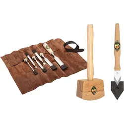 KIRSCHEN WOODWORKER Essentials Set 2 - 6-teiliges Stechbeitelset mit Holzhammer - Praktisches 6-teiliges Stechbeitelset mit hoch-kohlenstoffhaltigen Klingen und robustem Holzhammer. Ideal für präzise Arbeiten in der Werkstatt oder unterwegs, sicher verstaut in einer hochwertigen Ledertasche.