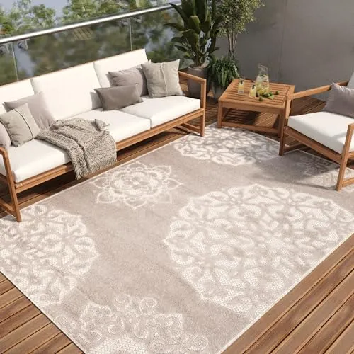 TAPISO Patio Teppich Outdoor Indoor Beige Grau Blumen Ornament Sisaloptik Strapazierfähig Wasserfest Wetterfest Küche Wohnzimmer ÖKO-TEX 140 x 200 cm