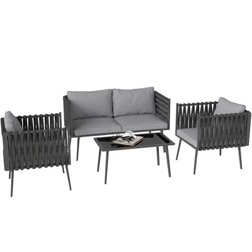 Outsunny Gartenmöbel Set für 4 Personen - Wetterfestes Balkonmöbel-Set mit 2er Sofa, Sessel und Glastisch, inklusive waschbaren Kissen für höchsten Komfort – ideal für entspannte Stunden im Freien.