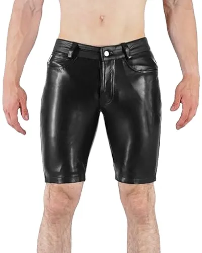 Bockle® Faux Leather Pants Button Tap Leder Shorts Pants Kurze Lederhose, Size: 36W / 32L