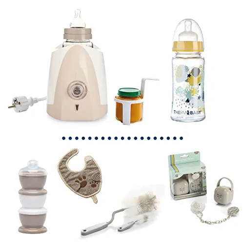 THERMOBABY Lunchpaket für 1. Alter – Flaschenwärmer – Fläschchen – Milchtransportbox – Flaschenbürste – Lätzchen mit Schnullerkette – Geschenkbox