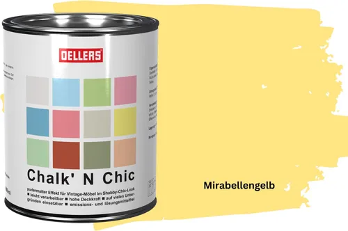 Produktbild OELLERS Chalk 'N Chic Kreidefarbe Mirabellengelb 1L matt – für Shabby-Chic-Look & Vintage-Stil auf Holz, Beton, Raufaser, Gipskarton uvm.