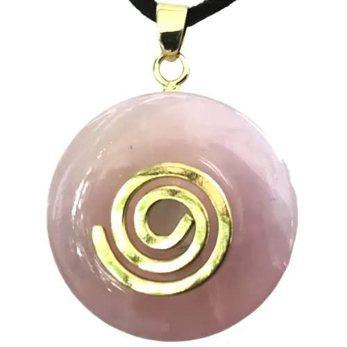 Steinfixx® - Premium Rosenquarz Edelstein Donut optional als Kette mit Gold- oder Silberanhänger oder 80cm Lederband | Heilstein | Edelstein | Chakra-Stein (Mit Goldspirale)