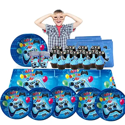 Blau Videospiel Party Geschirr 64 PCS 10 Persone Videospiel Partygeschirr Geschirrset Kindergeburtstag Deko Gaming Party Geschirr Tortendeko Pappteller Becher Servietten Tischdeko für Spielliebhaber