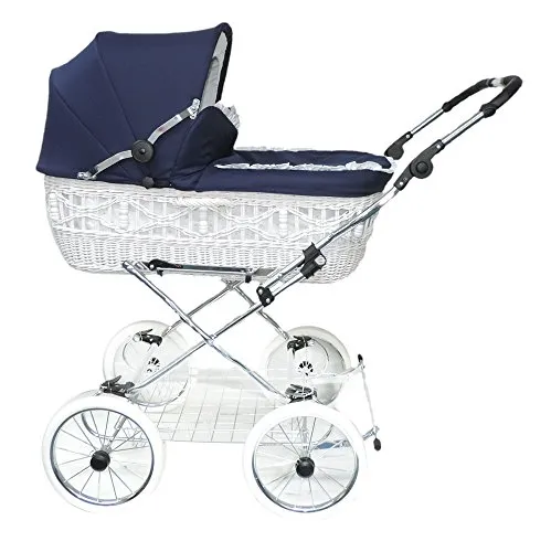 Eichhorn Kinderwagen Weidenkorb Korb Weiß Stoff Marine, blau