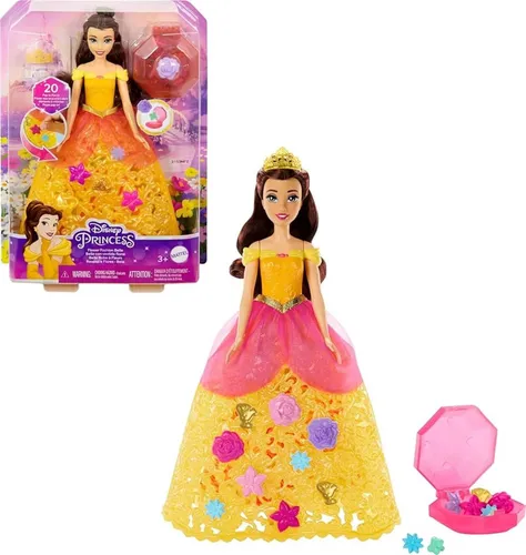 Mattel HWB41 - Disney Princess - Belle Puppe mit Charms - Anzieh- & Modepuppen: Gestalte magische Looks mit der beweglichen Belle Puppe und ihren 20 bunten Charms für kreative Outfits und unvergesslichen Spielspaß!