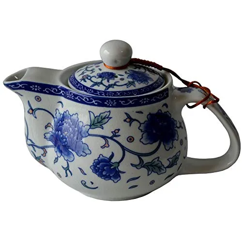 Teekanne, 500 ml, blau-weiße Pfingstrosen, Porzellan, Wasserkocher aus Edelstahl (Mudan-Blume, 500 ml)
