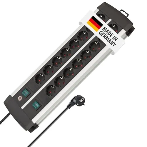 Brennenstuhl Premium-Alu-Line - 16-Fach Steckdosenleiste aus Aluminium, robust mit 3m Kabel und 2 Schaltern für sicheres Ein- und Ausschalten