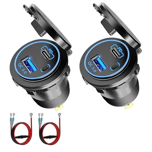 Intckwan 12V USB Steckdose, 54W, Zweiport-Ladegerät mit gleichzeitiger Schnellladung (QC3.0 + PD) und EIN-/Ausschalter, USB-Einbaubuchse für 12-24V Auto, Motorrad, LKW, Boot, Wohnwagen (2 Stück)