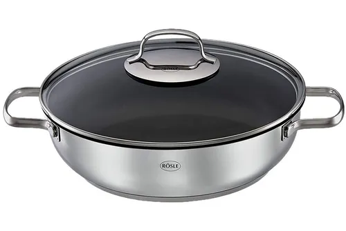 Rösle Servierpfanne ELEGANCE 28 cm - Pfanne mit innovativem gekapselten Boden für optimale Wärmeverteilung und energiesparendes Kochen. Hochwertiger Edelstahl und elegantes Design für jede Küche.