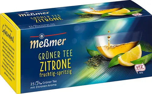 Meßmer Grüner Tee Zitrone - 25 Teebeutel, Vegan und Glutenfrei - Teesorte: Grüner Tee mit natürlichem Zitronenaroma, unfermentiert für fruchtig-spritzigen Genuss. Nachhaltig produziert und in Recyclingverpackung.