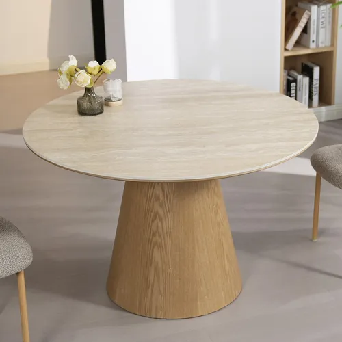 riess-ambiente Runder Esstisch UNIQUE 120cm aus Eiche mit Keramikplatte - Eleganter Esstisch aus Eiche mit pflegeleichter Keramikplatte im Travertin-Design. Bietet Platz für 4 Personen und überzeugt durch stabilen Säulenfuß und modernes Design – ideal für gesellige Abende.