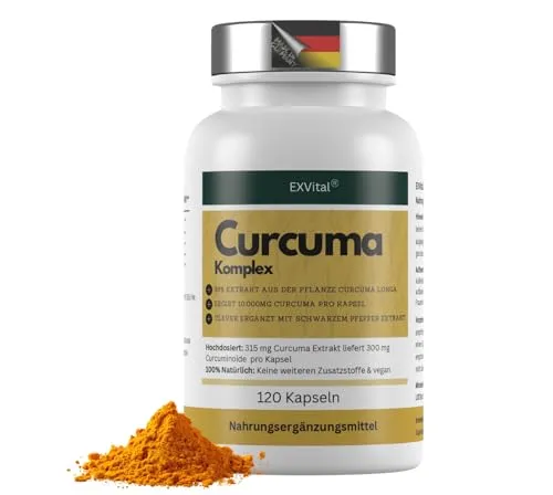 EXVital® Curcuma Komplex – 315mg Curcuma Extrakt pro Kapsel, 95% Extrakt mit hohem Anteil an Curcumin, entspricht 10.000mg Kurkuma – Hochdosiert & ohne Zusätze, 120 Kapseln