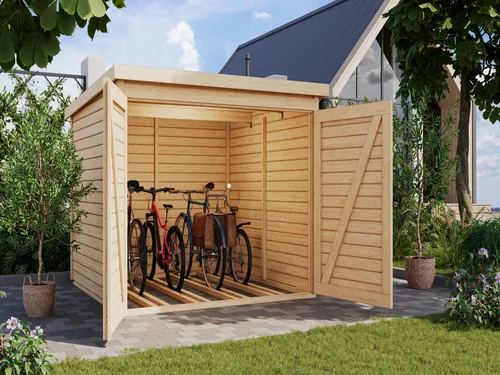 Bikebox Fahrradgarage 4 – 19 mm naturbelassen - Geräumige Fahrradgarage aus Fichte, ideal für die sichere Aufbewahrung von bis zu 4 Fahrrädern. Wetterfest und langlebig, perfekt für Garten und Außenbereich.