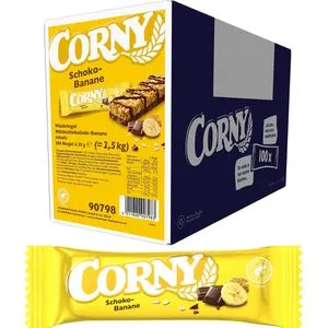 CORNY Schoko-Banane Müsliriegel 100 Riegel - Müsliriegel mit köstlicher Schoko-Banane, ideal für einen energiereichen Snack unterwegs oder beim Sport.