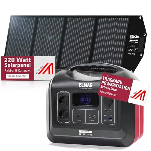 ELMAG Solargenerator-Set ENERGY 1800 + SOLAR 220 – 1480Wh tragbare Powerstation mit faltbarem 220Wp Solarpanel – Stromspeicher mit LiFePO4 Akku & 230V AC/DC/USB Ausgabe – Für Camping, Outdoor&Notstrom