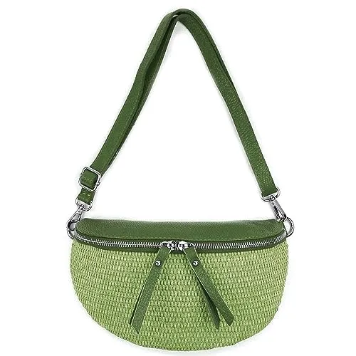 Made in Italy Damen Leder Tasche Basttasche Schultertasche Gürteltasche Sommer Strandtasche Crossbody Bauchtasche Umhängetasche Cross-Over Bodybag Handytasche Geflochten Bast Abendtasche Olivgrün