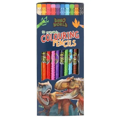 Depesche 13530 Dino World - Buntstifte Set mit 10 Farben im Etui, inkl. Radierer-Topper auf jedem Stift, zum Ausmalen in der Schule und Freizeit