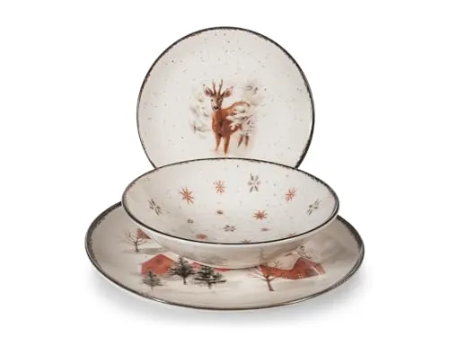 H&H Weihnachts-Tischservice 18 Teile Fairytale Charm aus Steinzeug – Elegantes Set mit Wintermotiven, mikrowellen- und spülmaschinenfest